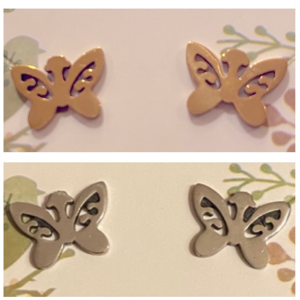 Set of 2 Butterfly Petite Stud Earrings Gold Tone & Silver Tone
